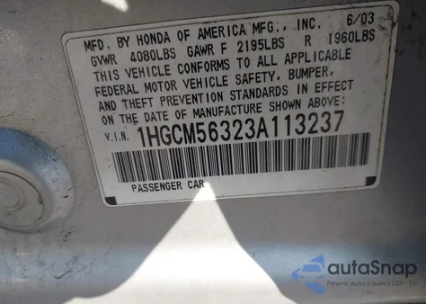 2003 Honda Accord 2.4 Lx из США, поврежденный, VIN 1HGCM56323A113237